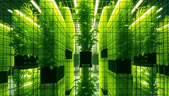 An artistic representation of a vertical indoor herb farm with lush green herb towers illuminated by LED lights, creating a vibrant and sustainable herb-growing environment, ideal for urban spaces and culinary enthusiasts.