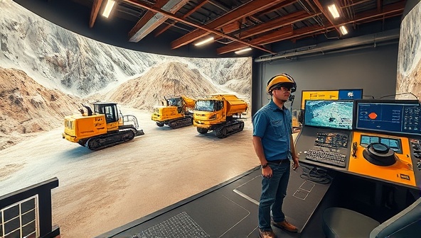An immersive VR simulation training environment featuring a mining site with various equipment, controls, and scenarios for operators and technicians to practice and enhance their skills, highlighting the realism and effectiveness of the virtual training experience in the mining industry.