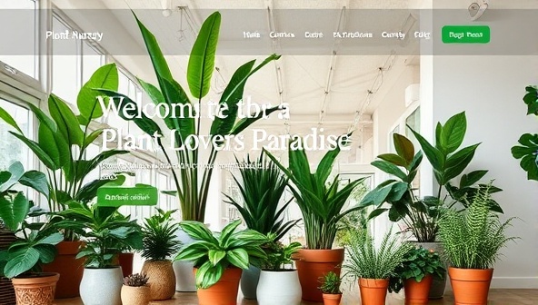 An online plant nursery website homepage featuring a variety of lush green plants displayed in stylish pots against a backdrop of a bright and airy indoor space, with care instructions and consultation service details, creating a welcoming and informative plant lover's paradise.