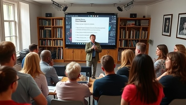 An online writing masterclass session with a renowned author sharing insights and tips on storytelling, surrounded by a virtual audience of aspiring writers engaging in discussions and interactive exercises, showcasing the dynamic and educational nature of the virtual workshops.