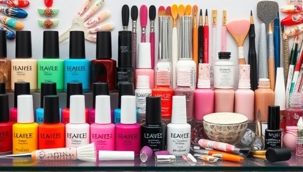 An artistic image displaying a variety of colorful nail polish bottles, nail art tools, and creative nail designs on display, capturing the essence of artistic expression and creativity in the world of nail art.