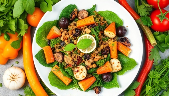 An image of a beautifully plated plant-based meal surrounded by fresh vegetables and herbs, with a vibrant color palette and a focus on wholesome ingredients, conveying a sense of health and freshness.
