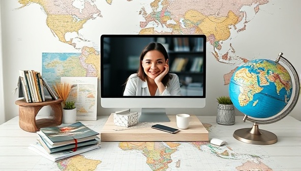 A virtual meeting setup with a travel consultant providing expert advice to a client via video call, surrounded by travel brochures, maps, and a world globe, creating a professional and knowledgeable atmosphere for trip planning.