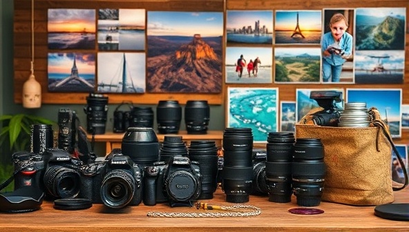 An inspiring photography workshop setting with professional cameras, lenses, and travel props arranged artistically, surrounded by captivating travel images on display, evoking a sense of creativity and artistic expression in the world of travel photography.