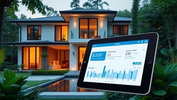 An elegant, modern home with a smart water monitoring system displayed on a tablet, showing real-time water usage data and notifications about leaks, surrounded by lush greenery, highlighting sustainability and efficiency.