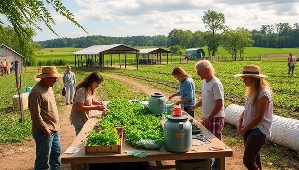 A picturesque farm setting transformed into a bustling workshop space with ReHarvest EcoWorks participants crafting bioplastic prototypes, dyeing fabrics with natural pigments, and composting agricultural waste, highlighting the beauty of sustainable farming practices and waste transformation.