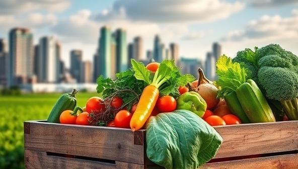 A vibrant cityscape with skyscrapers in the background and a close-up of colorful, freshly harvested vegetables arranged in a rustic wooden crate, conveying the essence of urban farming and farm-to-table freshness.