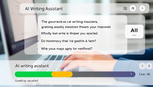 An AI writing assistant interface showcasing a user typing on a computer with the AI tool suggesting grammar corrections and style enhancements in real-time, with a progress bar indicating writing efficiency and improvements, highlighting the seamless integration of AI technology in the writing process.