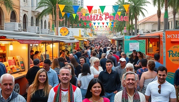 A bustling street scene filled with colorful food trucks serving a fusion of international cuisines, surrounded by a diverse crowd of smiling attendees enjoying the festive atmosphere and vibrant ambiance.
