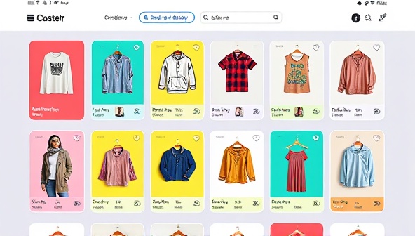 A vibrant digital marketplace interface showcasing a diverse collection of digital design categories, from fashion to home decor, with interactive customization options and a seamless ordering process, highlighting the creativity and collaboration within the platform.
