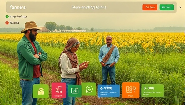 A vibrant digital platform interface showing farmers sharing knowledge and resources, with colorful icons representing different farming tools and techniques, fostering a sense of community and collaboration.