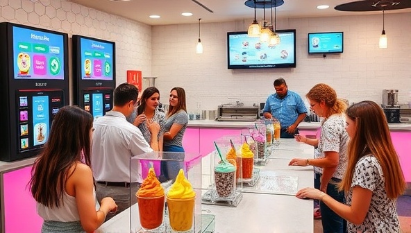 An engaging ice cream parlor setting with customers interacting with digital ordering screens, mixing colorful toppings and sauces, and enjoying their customized ice cream creations, highlighting the fun and modern approach of ChillZone Creations.
