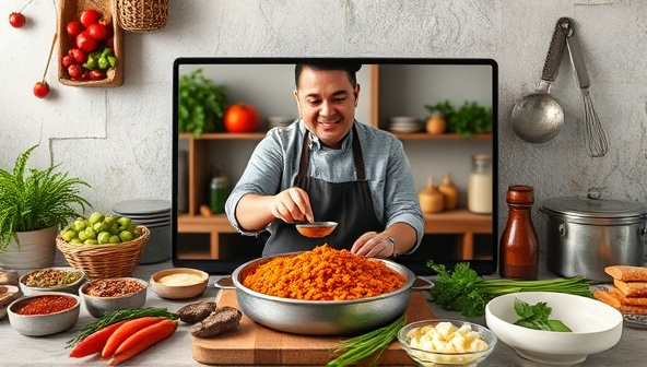 An online cooking class scene with a chef demonstrating a traditional dish preparation, surrounded by colorful spices, fresh ingredients, and cooking utensils, creating an immersive culinary experience for participants eager to learn and cook authentic global recipes from home.