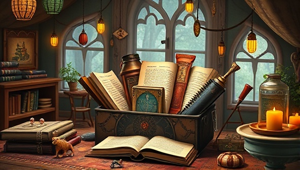 An enchanting visual depiction of a magical-themed subscription box overflowing with whimsical story elements like scrolls, trinkets, and miniature props, surrounded by a cozy reading nook setup, inviting subscribers to embark on a storytelling adventure in their own homes.