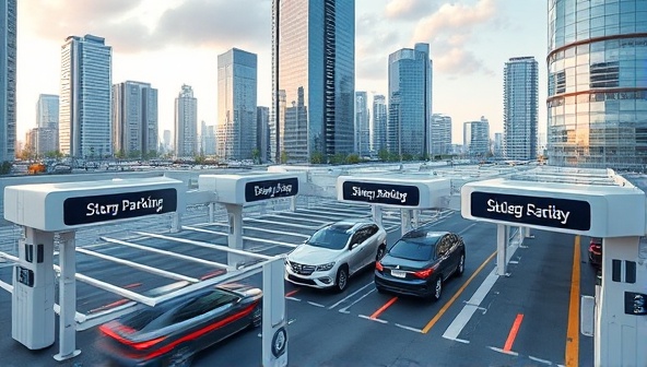 A futuristic cityscape with designated smart parking areas equipped with sensors and digital displays showing real-time availability, with vehicles smoothly navigating the parking facility, illustrating the efficiency and convenience of ParkWise Tech's smart parking system.