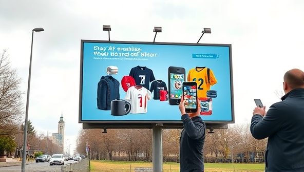 An outdoor billboard showcasing an AR-enabled advertisement where passersby can interact with the brand's products virtually through their smartphones, creating a dynamic and engaging advertising experience.