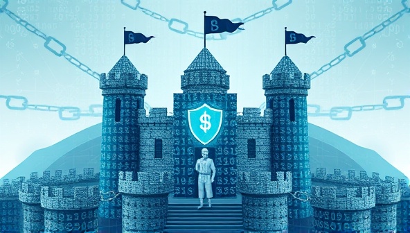A digital fortress surrounded by blockchain chains, with a web developer standing guard, ensuring the secure and reliable nature of BlockWebGuard's blockchain-powered web design platform, symbolizing protection and trust in the digital realm.