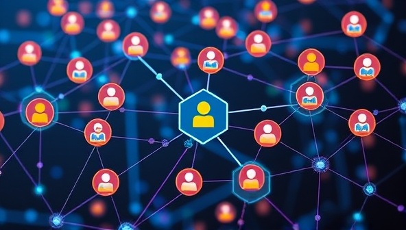 A digital blockchain network with interconnected nodes representing loyalty transactions, surrounded by virtual rewards tokens and customer profiles, illustrating the secure and transparent loyalty ecosystem facilitated by BlockRewards for businesses and customers.