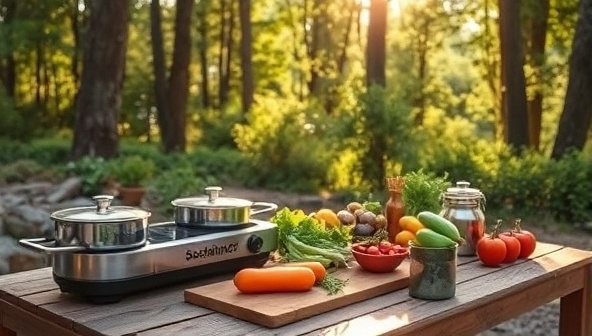 A serene outdoor kitchen setup with a solar-powered stove, sustainable cookware, and fresh organic ingredients neatly arranged on a wooden table, with sunlight streaming through the trees and a chef preparing a delicious eco-friendly meal, embodying the harmony between nature and clean energy cooking offered by SustainaCook.