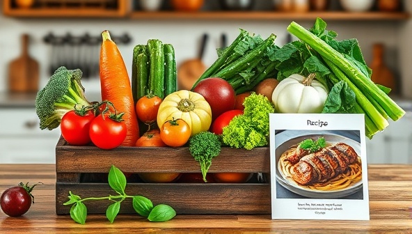 An artistic and appetizing display of farm-fresh ingredients arranged in a rustic wooden crate, accompanied by a recipe card featuring a mouth-watering dish prepared with the included ingredients, set against a cozy kitchen backdrop to evoke the feeling of culinary creativity and farm-to-table dining experience.