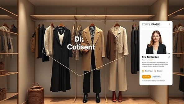 An elegant and modern virtual closet interface displaying curated outfits and accessories, with AI suggestions popping up beside the user's profile picture, illustrating StyleGenie's personalized styling assistance.