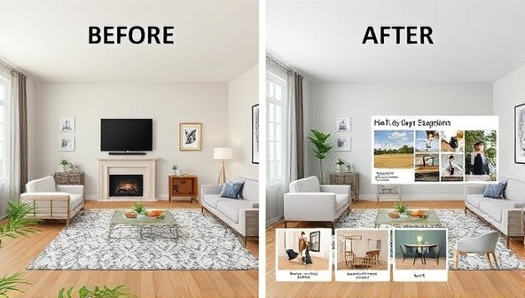 A digital mock-up of a room transformation showing before and after images of a living space, with a virtual mood board featuring furniture and decor suggestions, creating a visual representation of the design consultation process and the potential of the space.