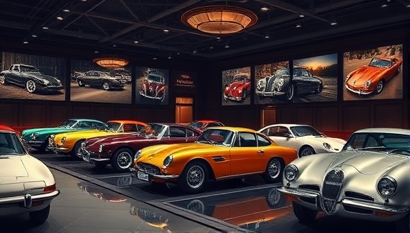 An elegant digital showroom featuring a lineup of vintage cars from different eras, displayed in a sophisticated and luxurious setting reminiscent of a high-end classic car auction, emphasizing the exclusivity and prestige of the platform.