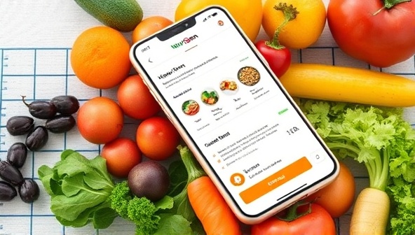 An interactive app interface displaying personalized meal plans, recipe suggestions, and nutritional insights, with a user inputting their health goals and preferences, surrounded by colorful fruits and vegetables, conveying the convenience and customization of the NutriGen AI nutrition planner for achieving balanced and healthy eating habits.