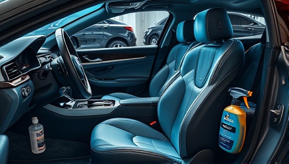 An artistic depiction of a luxurious car interior being meticulously cleaned and polished by a professional detailer, surrounded by high-quality detailing products and equipment, evoking a sense of elegance and precision associated with ShineOn Mobile Spa.