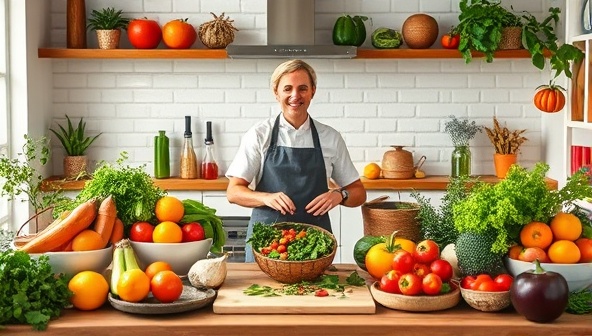 A vibrant kitchen setting with fresh produce, plant-based ingredients, cooking utensils, and a chef leading a hands-on cooking class on preparing a colorful plant-based feast, inspiring viewers to explore the world of vegetarian and vegan cuisine.