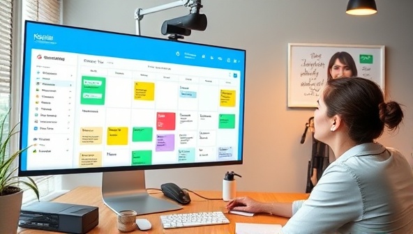 A remote productivity consultant providing a virtual workshop on time management techniques, with a digital task board, productivity apps on the screen, a calendar, and motivational quotes, creating a dynamic and efficient workspace.