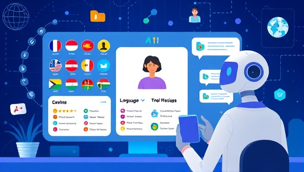 An engaging digital illustration of a user interacting with the AI-powered language learning platform, with colorful language icons, progress trackers, and a chatbot offering language tips, highlighting innovation and personalized learning.