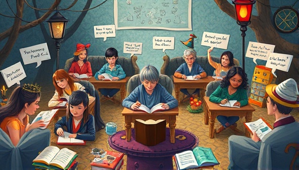 An imaginative scene of diverse writers immersed in a virtual writing challenge, surrounded by magical elements and inspiring prompts, evoking a sense of creativity, camaraderie, and adventure in the writing community.