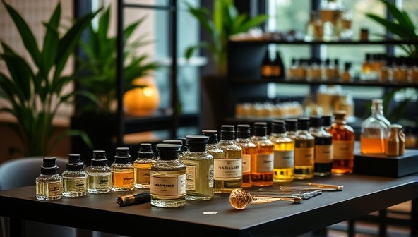 An elegant workshop setup with rows of glass fragrance bottles, essential oils, and blending tools on a stylish table, surrounded by lush greenery and soft ambient lighting, creating a sophisticated and immersive setting for bespoke perfume creation.