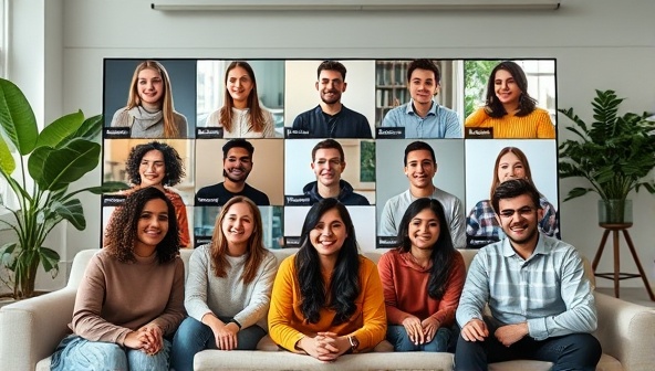 A virtual meeting room setting with a diverse group of influencers on a video call, discussing content ideas and brand partnerships, projecting a modern and collaborative atmosphere.