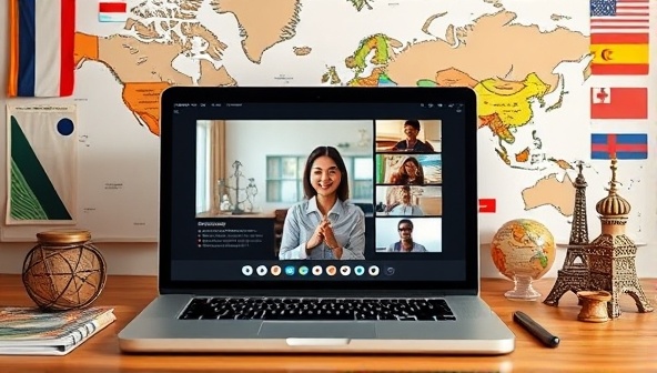 A digital workspace with a diverse set of language learning materials, a laptop showing a virtual coaching session, a world map in the background, and cultural artifacts representing various languages, illustrating the immersive and educational nature of the service.