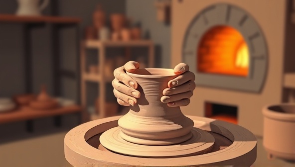 A serene digital illustration capturing the artistry of ceramic crafting, featuring a potter's wheel in motion, hands shaping clay into a beautiful vessel, and a kiln firing in the background, evoking the warmth and creativity of the artisanal ceramic process.