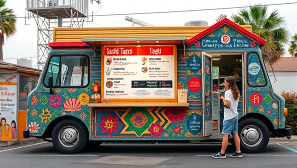 An eclectic food truck exterior decorated with vibrant colors and multicultural design elements, featuring a diverse menu board showcasing fusion dishes like sushi tacos and kimchi hot dogs, attracting curious food lovers.