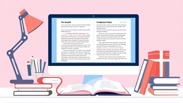 An illustration of an editor reviewing a manuscript on a computer screen, with redline edits and comments, surrounded by editing tools and reference books, symbolizing precision and professionalism in the editing process.