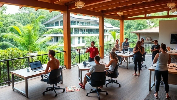 A serene outdoor space at FitWork Oasis featuring a yoga deck overlooking lush greenery, shared workstations with ergonomic chairs and standing desks, and a group of professionals engaging in a fitness class while networking and collaborating, illustrating a harmonious blend of work, wellness, and community at the retreat.