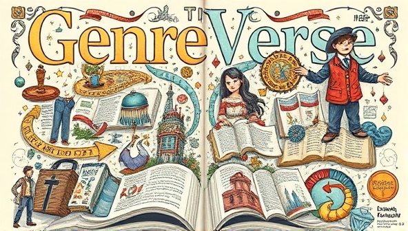 An immersive genre-specific magazine cover featuring intricate illustrations, thematic typography, and iconic symbols representing the essence of the genre, inviting readers into a world of creativity and storytelling within GenreVerse.