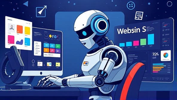 An illustration of a futuristic AI-powered robot working on a website design, surrounded by digital screens displaying various design options and color palettes, symbolizing creativity and innovation.
