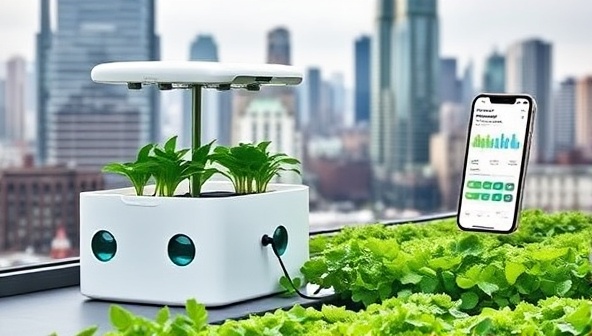 A modern, sleek urban farming kit with compact planters, integrated smart sensors, and a mobile app interface for monitoring plant health, set against a backdrop of a bustling cityscape with greenery in the foreground, emphasizing sustainability in urban living.