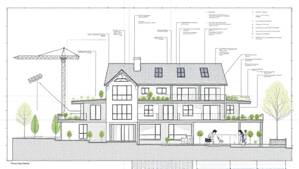 An architectural blueprint with eco-friendly design elements such as solar panels, green roofs, and rainwater harvesting systems, illustrating the concept of sustainable real estate development and eco-conscious design principles.