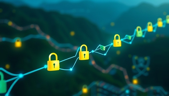 An artistic representation of interconnected blockchain blocks forming a trail of financial records, with digital locks symbolizing security and transparency, set against a backdrop of a digital landscape.