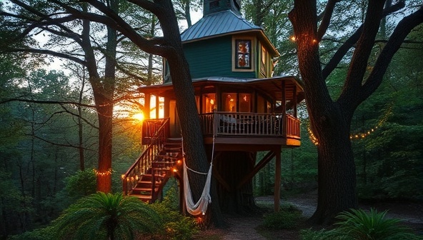 A stunning treehouse nestled in a lush forest setting, with fairy lights twinkling around, a hammock hanging nearby, and a view of the sunset through the trees, evoking a sense of magic and adventure.