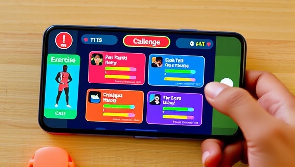 An engaging and colorful game interface on a mobile phone, displaying various exercise challenges with progress bars and motivational icons, illustrating the gamified approach to physical rehabilitation.