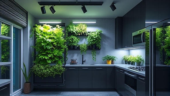 An artistic rendering of a modern, urban apartment kitchen featuring a sleek vertical farm unit with lush plants growing under vibrant LED lights, creating a futuristic and sustainable indoor farming display.