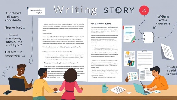 A digital workspace split into multiple sections, with each writer represented by a unique avatar actively contributing to a shared story document, surrounded by inspirational quotes and collaborative tools, illustrating the essence of teamwork and creativity in writing together.