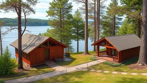 A serene and picturesque writing retreat setting nestled in nature, featuring cozy cabins, secluded writing nooks, communal gathering spaces, and a tranquil lake backdrop, inviting writers to immerse themselves in a peaceful and inspiring environment for creative reflection and expression.